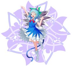 Rule 34 | 1girl, ;d, absurdres, animal ears, blue dress, blue eyes, blue hair, bow, cat ears, cat tail, cirno, dress, full body, hair bow, happy, highres, ice, kemonomimi mode, looking at viewer, mitaojiu (wumiaoxiao mengjiu), one eye closed, open mouth, puffy short sleeves, puffy sleeves, short hair, short sleeves, smile, socks, solo, tail, touhou, wings