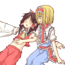 Rule 34 | 2girls, alice margatroid, ascot, belly rub, blush, bow, closed eyes, detached sleeves, female focus, hair bow, hakurei reimu, hand on another&#039;s stomach, japanese clothes, lying, midriff, miko, multiple girls, natsuk, navel, open mouth, outstretched arms, short hair, simple background, sitting, smile, spread arms, touhou