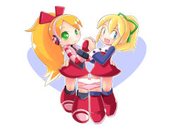 Rule 34 | 2girls, blue eyes, bow, bow panties, call (mighty no. 9), capcom, child, closed mouth, dress, green eyes, green ribbon, hair ornament, hair ribbon, headphones, heart, holding hands, long hair, looking at viewer, mega man (classic), mega man (series), multiple girls, open mouth, panties, panty pull, ponytail, red dress, red ribbon, ribbon, robojanai, roll (mega man), shoes, smile, striped clothes, striped panties, striped sleeves, underwear, white background, white panties