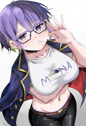 Rule 34 | 1girl, absurdres, arm under breasts, black pants, blue jacket, blush, candy, commentary, crop top, earrings, food, food in mouth, gie (gienara), glasses, highres, hololive, hololive indonesia, jacket, jacket on shoulders, jewelry, lollipop, long hair, looking at viewer, moona hoshinova, moona hoshinova (casual), mouth hold, multicolored hair, navel, pants, purple eyes, purple hair, shirt, short hair, short sleeves, simple background, solo, thighhighs, two-tone hair, virtual youtuber, white shirt