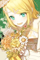 Rule 34 | 1girl, blonde hair, blush, bouquet, colored eyelashes, commentary, english commentary, floral print, flower, green eyes, hairpin, holding, holding bouquet, kagamine rin, leaf, liso, long sleeves, looking at viewer, lower teeth only, multiple hairpins, open mouth, orange flower, short hair, solo, teeth, tonari ni tatsu yasashii anata e (project sekai), upper body, vocaloid, yellow flower