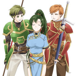 Rule 34 | 1girl, 2boys, absurdres, armor, black hairband, breastplate, breasts, brown eyes, closed eyes, commentary request, fire emblem, fire emblem: the blazing blade, gold trim, green armor, green eyes, hairband, high ponytail, highres, holding, holding sword, holding weapon, kent (fire emblem), large breasts, lyn (fire emblem), medium breasts, midori no baku, multiple boys, nintendo, parted bangs, red armor, sain (fire emblem), shoulder armor, simple background, smile, sword, teeth, weapon, white background