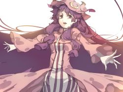 Rule 34 | 1girl, crescent, dress, female focus, hat, highres, long hair, open mouth, patchouli knowledge, pisoshi, purple eyes, purple hair, solo, touhou, white background