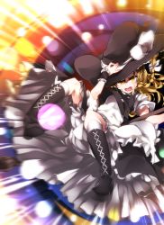 Rule 34 | &gt;:d, 1girl, :d, blonde hair, blush, boots, braid, broom, dress, hat, highres, kazetto, kirisame marisa, long hair, looking at viewer, open mouth, smile, solo, sweatdrop, teeth, touhou, v-shaped eyebrows, witch hat, yellow eyes