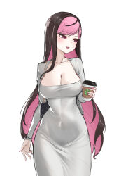 Rule 34 | 1girl, :3, bag, breasts, brown hair, cleavage, colored inner hair, covered navel, cup, disposable cup, dongtan dress, dress, grey dress, handbag, hara (k hara17), highres, holding, holding cup, indie virtual youtuber, korean commentary, large breasts, long hair, looking to the side, meme attire, mole, mole under eye, moyaji (vtuber), multicolored hair, open mouth, pencil dress, pink eyes, pink hair, pink nails, simple background, smile, solo, stomach, taut clothes, taut dress, tight clothes, tight dress, two-tone hair, very long hair, virtual youtuber, white background