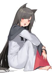 Rule 34 | 1girl, animal ears, barefoot, black hair, blush, breasts, dress, fingernails, highres, imaizumi kagerou, large breasts, long fingernails, long hair, long sleeves, nail polish, open mouth, pocche-ex, red eyes, red nails, sharp fingernails, simple background, smile, solo, toenail polish, toenails, toes, touhou, white background, white dress, wolf ears
