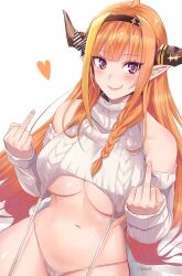 Rule 34 | 1girl, absurdres, ahoge, blonde hair, bow, breasts, detached sleeves, double middle finger, dragon girl, dragon horns, garter straps, hairband, highres, hololive, horn bow, horn ornament, horns, kiryu coco, kivo, large breasts, long hair, meme attire, middle finger, multicolored hair, navel, orange hair, pointy ears, purple eyes, ribbed sleeves, simple background, sleeveless, sleeveless sweater, sleeveless turtleneck, solo, streaked hair, striped, striped bow, sweater, turtleneck, turtleneck sweater, underboob, virgin destroyer sweater, virtual youtuber, white background, white garter straps
