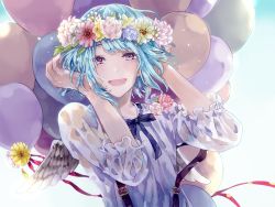 Rule 34 | 10s, 1girl, :d, angel wings, asymmetrical bangs, balloon, blue eyes, blue hair, blue ribbon, blush, buckle, ensemble stars!, eyebrows, feathered wings, flower wreath, grey wings, hands in hair, hands up, head wreath, komkomx, long sleeves, looking at viewer, matching hair/eyes, open mouth, plant, ribbon, shino hajime, shirt, short hair, simple background, sleeves past elbows, smile, solo, suspenders, white background, white shirt, wings
