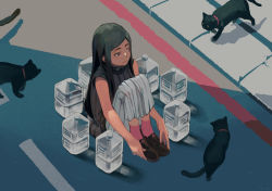 Rule 34 | 1girl, :|, bad id, bad pixiv id, black cat, black hair, black sweater, bottle, brown eyes, brown footwear, cat, clea (geee13), closed mouth, collar, commentary request, day, eyebrows, full body, hands on feet, legs together, long hair, looking away, mole, mole under eye, on ground, original, outdoors, pink socks, road, sitting, skirt, socks, solo, sunlight, sweater, sweater vest, water, white skirt