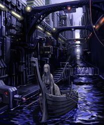 Rule 34 | 1girl, all fours, boat, breasts, canal, city, cleavage, dark, large breasts, longship, oar, original, purple theme, science fiction, solo, sugiura yoshio, viking, water, watercraft, waterfall