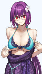 Rule 34 | 1girl, absurdres, alternate hairstyle, bare shoulders, bikini, breasts, cleavage, dress, fate/grand order, fate (series), glasses, highres, kugiseiichi, large breasts, looking at viewer, off shoulder, red eyes, red hair, scathach (fate), scathach skadi (fate), scathach skadi (swimsuit ruler) (fate), scathach skadi (swimsuit ruler) (final ascension) (fate), scathach skadi (swimsuit ruler) (second ascension) (fate), scathach skadi (third ascension) (fate), short hair, smile, solo, sweater, sweater dress, swimsuit, white background