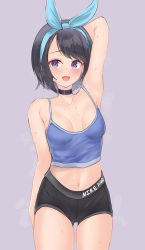 Rule 34 | 1girl, absurdres, arm at side, arm behind head, arm up, armpits, black hair, black shorts, blue ribbon, blue tank top, breasts, character request, cleavage, copyright request, gym shorts, hair ribbon, highres, medium breasts, navel, open mouth, parfait desu, purple background, purple eyes, ribbon, short hair, shorts, simple background, steam, steaming body, stomach, sweat, tank top, thighs