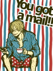 Rule 34 | 1boy, abstract background, blonde hair, boxers, cigarette, closed eyes, coffee, coffee mug, cup, hair over one eye, male focus, male underwear, mug, one piece, phone, pinstripe pattern, polka dot, sanji (one piece), shirt, sitting, smile, smoking, solo, striped background, striped clothes, striped shirt, underwear
