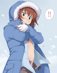Rule 34 | !, 1girl, brown hair, darker than black, gloves, green eyes, hood, hoodie, jacket, maruto!, navel, open fly, solo, suou pavlichenko, thought bubble, unbuttoned, undressing, unzipped