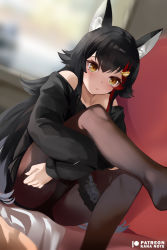 Rule 34 | 1girl, animal ear fluff, animal ears, bare shoulders, black hair, black shirt, blurry, blurry background, brown eyes, brown pantyhose, closed mouth, dutch angle, feet out of frame, hololive, leg up, long hair, mujinbensin, multicolored hair, off shoulder, ookami mio, pantyhose, red hair, shirt, sitting, solo, streaked hair, thighs, very long hair, virtual youtuber, wolf ears