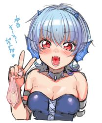 Rule 34 | 00s, 1girl, bare shoulders, belt, blue hair, blush, breasts, choker, cleavage, condom, cum, fangs, fins, head fins, heart, highres, horns, looking at viewer, mermaid melody pichi pichi pitch, mimi (mermaid melody pichi pichi pitch), ohisashiburi, open mouth, red eyes, short hair, simple background, smile, solo, translation request, tsurime, upper body, v, white background