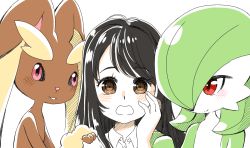 Rule 34 | 3girls, :3, animal ears, bad id, bad pixiv id, black hair, blush, bob cut, body fur, brown fur, buttons, closed mouth, collared shirt, colored skin, creatures (company), female focus, flat chest, furry, furry female, furry with non-furry, game freak, gardevoir, gen 3 pokemon, gen 4 pokemon, green hair, green skin, hair over one eye, hand on another&#039;s shoulder, hand on own cheek, hand on own face, hand up, interspecies, long hair, looking at another, looking at viewer, looking to the side, lopunny, muguet, multicolored skin, multiple girls, nintendo, open mouth, original, pink eyes, pokemon, pokemon (creature), pokephilia, rabbit ears, rabbit girl, red eyes, shirt, short hair, sidelocks, simple background, smile, straight-on, swept bangs, two-tone fur, two-tone skin, upper body, white background, white shirt, white skin, yellow fur, yuri