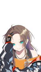 Rule 34 | 1girl, ahoge, blue eyes, blue jacket, brown hair, dog tags, forehead, gloves, hand on own forehead, highres, hololive, jacket, long hair, natsuiro matsuri, natsuiro matsuri (gaming casual), off-shoulder shirt, off shoulder, open clothes, open jacket, orange shirt, parted bangs, partially fingerless gloves, sato forest, shirt, simple background, solo, upper body, virtual youtuber, white background
