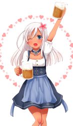 Rule 34 | 10s, 1girl, ;d, alcohol, beer, beer mug, blue eyes, cup, dirndl, german clothes, kantai collection, long hair, mug, one eye closed, open mouth, ro-500 (kancolle), silver hair, smile, solo, sotogawa max, tan, tanline