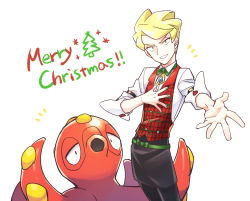 Rule 34 | 1boy, apron, black pants, blonde hair, christmas, commentary request, creatures (company), game freak, gen 2 pokemon, head tilt, highres, looking at viewer, male focus, merry christmas, momoji (lobolobo2010), nintendo, octillery, official alternate costume, outstretched hand, pants, pokemon, pokemon (creature), pokemon masters ex, short hair, siebold (holiday 2019) (pokemon), siebold (pokemon), sleeves rolled up, spread fingers, waist apron, white background