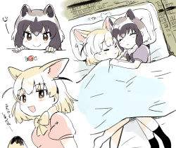 Rule 34 | 2girls, animal ears, black hair, black neckwear, blonde hair, blue hair, blue sweater, blush, bow, bowtie, candy, commentary request, common raccoon (kemono friends), extra ears, closed eyes, fennec (kemono friends), food, fox ears, fox girl, fox tail, fur collar, futon, grey hair, hair between eyes, highres, hug, kemono friends, multicolored hair, multiple girls, multiple views, pink sweater, puffy short sleeves, puffy sleeves, raccoon ears, raccoon girl, short hair, short sleeves, sleeping, smile, suicchonsuisui, sweater, tail, white hair, yellow neckwear