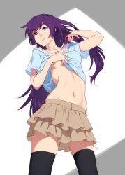 Rule 34 | 1girl, adjusting hair, black thighhighs, blue eyes, breasts, brown skirt, cleavage, clothes lift, feguimel, frilled skirt, frills, head tilt, lifted by self, long hair, looking at viewer, medium breasts, monogatari (series), navel, no bra, one breast out, purple hair, senjougahara hitagi, shirt lift, skirt, solo, standing, stomach, thighhighs, toned, underboob