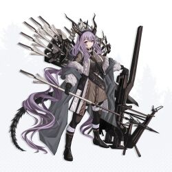 Rule 34 | 1girl, absurdres, arknights, arrow (projectile), black footwear, black gloves, black pantyhose, boots, bow (weapon), crossbow, fake horns, full body, fur-trimmed jacket, fur trim, gloves, grey jacket, hair between eyes, highres, holding, holding arrow, holding crossbow, holding weapon, horn hairband, horns, huge weapon, jacket, knee boots, long hair, long sleeves, looking at viewer, low twintails, off shoulder, official style, open clothes, open jacket, pantyhose, purple hair, quiver, red eyes, sidelocks, simple background, solo, twintails, typhon (arknights), unitaka, very long hair, weapon, white background, winter clothes