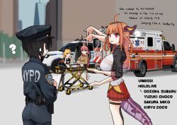 Rule 34 | 2girls, :&lt;, ?, ahoge, ambulance, baton (weapon), belt, black legwear, breasts, building, car, cardigan, city, confused, dongdong (0206qwerty), dragon girl, dragon horns, dragon tail, english text, full body, gradient hair, hat, highres, hololive, holster, holstered, horns, kiryu coco, kiryu coco (1st costume), large breasts, medic, misunderstanding, motor vehicle, multicolored hair, multiple girls, new york, new york city fire department, new york city police department, orange hair, paramedic, pink hair, police, police car, police hat, police uniform, policewoman, sakura miko, sakura miko (casual), shoes, skyscraper, sports utility vehicle, standing, stretcher, sweat, sweatdrop, tail, talking, tears, thighhighs, uniform, upper body, virtual youtuber, weapon, yellow cardigan