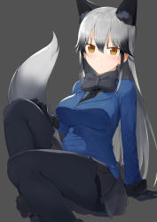 Rule 34 | 10s, 1girl, absurdres, akitaka (pixiv12739753), animal ears, arm support, black gloves, black pantyhose, blazer, blonde hair, blush, breasts, cloud, cloudy sky, fox ears, fox tail, gloves, grey background, grey skirt, hand on own thigh, highres, jacket, kemono friends, long hair, looking at viewer, medium breasts, neck ribbon, necktie, pantyhose, ribbon, silver fox (kemono friends), sitting, skirt, sky, smile, solo, tail, winter