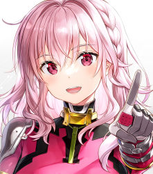Rule 34 | 1girl, :d, braid, breasts, commentary request, fujima takuya, gloves, gradient background, grey background, grey gloves, hair between eyes, highspeed etoile, jacket, looking at viewer, medium breasts, official art, open mouth, pink hair, pink jacket, pointing, pointing at viewer, red eyes, rindoh rin, smile, solo, upper body, white background