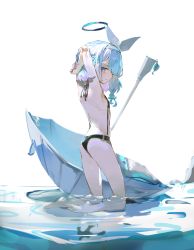 Rule 34 | 1girl, arm behind head, arms up, arona (blue archive), bare legs, barefoot, bikini, black bikini, blue archive, blue eyes, blue hair, blue umbrella, blush, braid, closed mouth, commentary request, hair ribbon, halo, highres, kneeling, long hair, looking at viewer, looking to the side, multicolored hair, o-ring, o-ring bikini, o-ring bottom, pink hair, ribbon, shallow water, solo, swimsuit, tota (sizukurubiks), two-tone hair, umbrella, water, white background, white ribbon