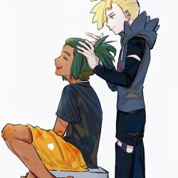 2boys asymmetrical_hair black_hoodie black_pants black_shirt blonde_hair closed_eyes closed_mouth commentary_request creatures_(company) dark-skinned_male dark_skin drawstring ear_piercing earrings game_freak gladion_(pokemon) green_eyes green_hair hau_(pokemon) hood hood_down hoodie jewelry knee_up long_sleeves looking_at_another male_focus multiple_boys multiple_earrings nintendo pants piercing pokemon pokemon_sm ponytail shiki_(south4pole) shirt short_sleeves shorts sideways_mouth simple_background sitting smile standing t-shirt teeth tongue triangle_mouth tying_another&#039;s_hair upper_teeth_only white_background yaoi yellow_shorts