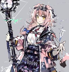 Rule 34 | 1girl, animal ears, arknights, black choker, black hairband, black skirt, blue bow, bow, braid, cat ears, cat girl, cat tail, choker, clothes writing, electricity, electrokinesis, floppy ears, goldenglow (arknights), grey background, hair bow, hairband, highres, holding, holding staff, id card, jacket, lightning bolt print, long sleeves, parted lips, pink hair, pink jacket, print hairband, remsrar, scissors, shirt, simple background, skirt, solo, staff, tail, upper body, white shirt, worried