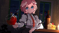 Rule 34 | 1girl, alcohol, ame., black skirt, blue eyes, bottle, breasts, brick wall, building, cake, cake slice, closed mouth, cloud, collared shirt, commentary request, cup, drinking glass, feathered wings, food, fruit, head wings, highres, holding, holding cup, hololive, indoors, long sleeves, looking at viewer, medium breasts, night, night sky, pink hair, pink wings, puffy long sleeves, puffy sleeves, revision, shirt, skirt, sky, smile, solo, star (sky), strawberry, table, takane lui, takane lui (1st costume), virtual youtuber, white shirt, white wings, window, wine, wine bottle, wine glass, wings