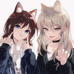 2girls :o animal_ear_fluff animal_ears black_choker black_sweater blonde_hair blue_eyes blue_jacket brown_hair buttons choker claw_pose clothes_writing collarbone daishu696 dot_nose ear_piercing eyelashes fingernails fur-trimmed_hood fur_trim girls_band_cry grey_eyes hair_between_eyes hair_over_shoulder highres hood hood_down hooded_jacket industrial_pipe iseri_nina jacket kawaragi_momoka kemonomimi_mode leopard_ears long_hair long_sleeves low_twintails multiple_girls open_clothes open_jacket open_mouth piercing shirt shirt_under_sweater short_hair short_twintails simple_background sleeves_past_wrists smile sweater t-shirt twintails upper_body v-neck white_background white_shirt zipper