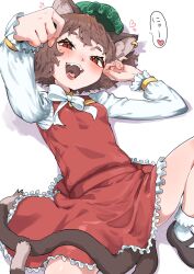 Rule 34 | 1girl, animal ear fluff, animal ear piercing, animal ears, arm up, blush, bow, bowtie, breasts, brown eyes, brown hair, cat ears, cat tail, chen, commentary request, dress, earrings, fangs, fingernails, foreshortening, frills, from above, hands up, happy, hat, heart, highres, jewelry, long sleeves, lying, mob cap, multiple tails, nekomata, on back, paw pose, perspective, petticoat, red dress, red skirt, red vest, shadow, short hair, simple background, single earring, skirt, skirt set, slit pupils, small breasts, sobayu to tenpura, solo, speech bubble, spread legs, tail, teeth, tongue, touhou, translated, two tails, upper teeth only, vest, white background, white bow, white bowtie