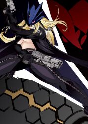 Rule 34 | 1girl, absurdres, ankle gun, bayonet, beelstarmon, belt, black gloves, black jacket, black lips, black mask, black pants, black scarf, blonde hair, breasts, commentary request, cropped vest, digimon, digimon (creature), dual wielding, eye mask, gloves, gun, gundramon, handgun, highres, holding, holding gun, holding weapon, insignia, jacket, large breasts, leather, leather jacket, leather pants, long hair, long sleeves, looking at viewer, lower teeth only, magnakidmon, mask, multiple barrel gun, open clothes, open jacket, open mouth, pants, pink eyes, red eyes, revolver, scarf, sidelocks, smile, solo, stomach, tai (cheungsk1213), teeth, third eye, tight clothes, tight pants, underboob, very long hair, vest, weapon, zipper