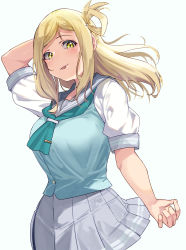 Rule 34 | 1girl, absurdres, artist name, artist request, blonde hair, blush, braid, breasts, brown eyes, buttons, collarbone, crown braid, female focus, green eyes, green neckerchief, green sweater, green sweater vest, grey sailor collar, grey skirt, hair rings, hand over head, highres, looking at viewer, love live!, love live! sunshine!!, medium breasts, miniskirt, neckerchief, ohara mari, parted lips, plaid, plaid skirt, pleated, pleated skirt, sailor collar, school uniform, shirt, short hair, short sleeves, skirt, smile, solo, sweater, sweater vest, tie clip, uranohoshi school uniform, white background, white shirt, yellow buttons, yellow eyes