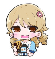 Rule 34 | 1girl, blue dress, blush, brown eyes, can, collared dress, commentary request, cropped torso, dress, earrings, flower, food, georgia max coffee, hair flower, hair ornament, hairclip, holding, holding can, holding food, idolmaster, idolmaster cinderella girls, jewelry, light brown hair, long hair, looking at viewer, morikubo nono, nozo (hitomiz), onigiri, open mouth, pink flower, puffy short sleeves, puffy sleeves, ringlets, short sleeves, simple background, solo, stud earrings, upper body, wavy mouth, white background