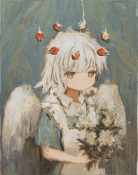 Rule 34 | 1girl, absurdres, angel, angel wings, apron, brown eyes, buttons, ciel (paradis47), closed mouth, collared shirt, dandelion, dress, flower, food, frills, fruit, hair between eyes, halo, highres, holding, light frown, looking at viewer, medium hair, oil painting (medium), open collar, original, painting (medium), shirt, short sleeves, simple background, solo, standing, strawberry, traditional media, white apron, white hair, white shirt, white wings, wings