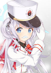 Rule 34 | 1girl, absurdres, backpack, bag, blue archive, blue eyes, blush, cherino (blue archive), commentary request, fake facial hair, fake mustache, gloves, halo, hat, highres, long hair, looking at viewer, pizza (pizzania company), randoseru, silver hair, simple background, snow, solo, uniform, white background