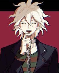 Rule 34 | black background, black jacket, blush, chain, chained, collar, collarbone, danganronpa (series), danganronpa another episode: ultra despair girls, green sweater, grey hair, hair between eyes, hand on own chin, hand up, highres, jacket, komaeda nagito, long sleeves, looking at viewer, male focus, messy hair, metal collar, official alternate costume, red background, red sweater, servant (danganronpa), shirt, solo, striped clothes, striped shirt, sweater, upper body, zhileng kong tiao