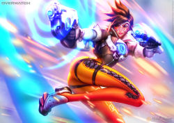 Rule 34 | 1girl, artist name, ass, bodysuit, breasts, brown eyes, brown hair, commentary, copyright name, dual wielding, facing viewer, gloves, goggles, gun, handgun, holding, jacket, looking afar, looking at another, md5 mismatch, michelle hoefener, overwatch, overwatch 1, parted lips, patreon, patreon username, short hair, signature, smile, solo, spiked hair, tracer (overwatch), watermark, weapon, web address