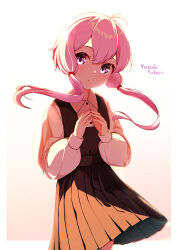 Rule 34 | 1girl, ahoge, backlighting, blush, character name, collared shirt, dress, highres, long hair, long sleeves, looking at viewer, low twintails, mikami jun (haaryan), own hands together, pinafore dress, pink hair, pleated dress, purple eyes, shirt, sleeveless dress, solo, twintails, vocaloid, voiceroid, wind, yuzuki yukari