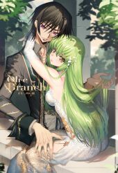Rule 34 | 1boy, 1girl, ass, bare shoulders, black hair, black jacket, breasts, c.c., code geass, couple, creayus, day, detached sleeves, dress, green hair, hetero, highres, holding another&#039;s hair, hug, jacket, lelouch vi britannia, long hair, long sleeves, looking at viewer, medium breasts, open clothes, open jacket, outdoors, parted lips, purple eyes, short hair, sideboob, sitting, smile, v-shaped eyebrows, very long hair, wariza, white dress, yellow eyes