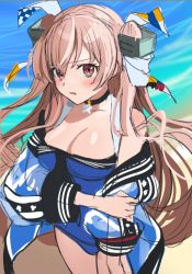 Rule 34 | 1girl, blue one-piece swimsuit, breasts, brown eyes, casual one-piece swimsuit, choker, cleavage, cowboy shot, hair ornament, jacket, johnston (kancolle), kantai collection, large breasts, light brown hair, long hair, looking at viewer, one-piece swimsuit, see-through, see-through jacket, solo, standing, swimsuit, swimsuit cover-up, two side up, unfinished, yunamaro