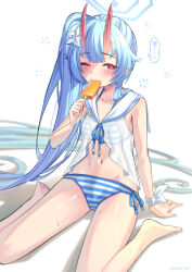 Rule 34 | 1girl, absurdres, bare legs, barefoot, bikini, blue archive, blue hair, blue halo, blush, breasts, chise (blue archive), chise (swimsuit) (blue archive), flower, food, hair flower, hair ornament, halo, highres, horns, long hair, navel, official alternate costume, one eye closed, painter j, pointy ears, popsicle, red eyes, red horns, sailor collar, side ponytail, simple background, sitting, small breasts, solo, striped bikini, striped clothes, swimsuit, toes, twitter username, wariza, white background, white flower, white sailor collar