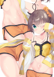 Rule 34 | 1girl, :3, absurdres, ahoge, ass, babydoll, blush, breasts, brown hair, closed mouth, collarbone, commentary, green eyes, hair ornament, hair scrunchie, highres, hololive, looking at viewer, lr (last remote 514), mtu virus, multiple views, natsuiro matsuri, natsuiro matsuri (matsuri&#039;s day off), navel, official alternate costume, orange scrunchie, pajamas, scrunchie, short hair, short shorts, shorts, shoulder blades, side ponytail, small breasts, stomach, strap slip, virtual youtuber