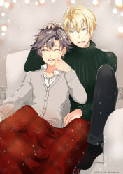 Rule 34 | 2boys, absurdres, armchair, blanket, blonde hair, blue eyes, chair, closed eyes, dated, eiyuu densetsu, eyelashes, falcom, hair between eyes, hand on another&#039;s head, happy, highres, jusis albarea, light particles, looking at another, male focus, multiple boys, open mouth, rean schwarzer, sen no kiseki, short hair, sitting, socks, sparkle, spiked hair, star (symbol), toumorian, turtleneck, twitter username, yaoi