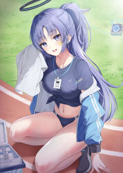 Rule 34 | 1girl, absurdres, bare legs, black footwear, black shirt, blue archive, blue buruma, blue eyes, blue hair, blue jacket, bnari, bottle, breasts, buruma, cooler, double vertical stripe, drone, front-tie top, gym shirt, half updo, halo, hand on ground, highres, holding, holding towel, id card, jacket, lanyard, legs, legs folded, long hair, long sleeves, looking at viewer, mechanical halo, medium breasts, midriff, navel, off shoulder, official alternate costume, open clothes, open jacket, open mouth, outdoors, running track, shirt, shoes, short sleeves, smile, sneakers, solo, squatting, star (symbol), star sticker, sticker on face, stomach, sweat, t-shirt, thighs, tied shirt, tiptoes, towel, track and field, track jacket, very long hair, water bottle, yuuka (blue archive), yuuka (track) (blue archive)
